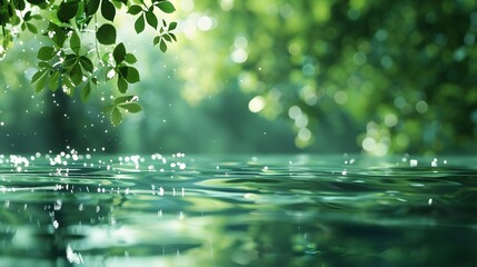 Fresh green leaves and sunlight reflected on the water surface with blurred background - Powered by Adobe