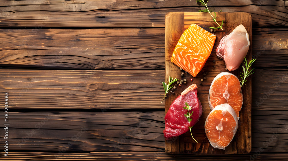 Poster raw steaks fish salmon beef meat and turkey breast fillet on a cutting board wooden background top v