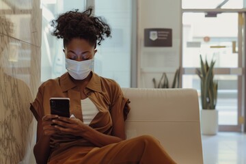 Woman wearing a face mask, engages with her smartphone while reviewing her medical report generative ai - Powered by Adobe
