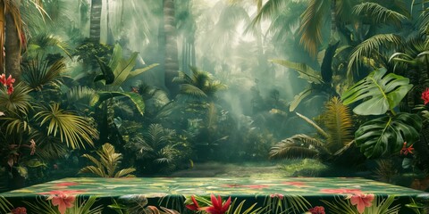 A magical forest scene with sunlight penetrating through the mist and lush green foliage, displaying a serene and vibrant ecosystem