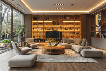 Living room interior design with wooden floor, round table, led lights, shelves, tv and sofa set. Created with Ai