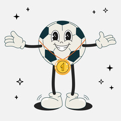 Football ball groovy retro character with medal. Soccer mascot with different emotions and poses. Funny characters in doodle style. Vector flat illustration isolated. 60 -70s vibes sticker set.	 - obrazy, fototapety, plakaty