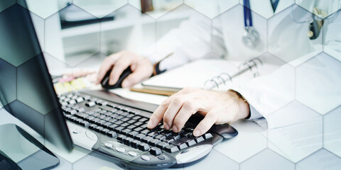 Doctor typing on a computer keyboard, geometric pattern