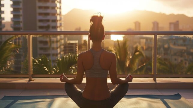 A woman practicing morning yoga routine on a balcony eyes closed in meditation as faces away from the camera. . .