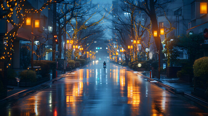 Fototapeta na wymiar Rainy evening on an urban street adorned with festive lights reflecting on the wet pavement. City ambiance and weather concept. Design for travel experiences, urban lifestyle, and seasonal themes
