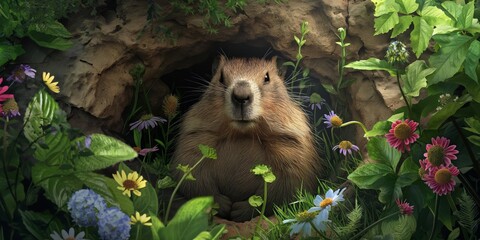 A charming groundhog emerges from its burrow surrounded by vibrant wildflowers and green foliage, conveying a sense of wonder and discovery - obrazy, fototapety, plakaty