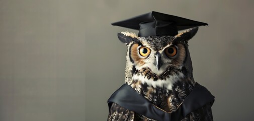 the graduate owl, wearing a graduation gown, copy space, soft and bright backdrop - obrazy, fototapety, plakaty