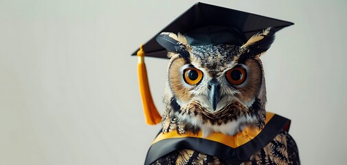 the graduate owl, wearing a graduation gown, copy space, soft and bright backdrop - obrazy, fototapety, plakaty