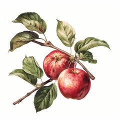 사과와 가지와 나뭇잎을 표현한 빈티지 일러스트레이션 - obrazy, fototapety, plakaty