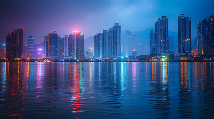 Twilight cityscape reflected in calm water with urban skyscrapers. Metropolitan living and architecture concept. Design for real estate development, travel guides, and city planning materials