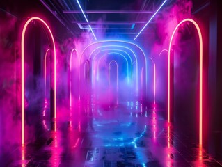 Vibrant cyber club scene with geometric neon lighting and futuristic arches, set against a backdrop of dark, smoky ambiance for an immersive party 