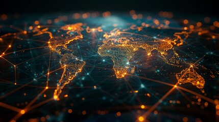 Global connectivity visualized on a digital world map, glowing connections in a dark room, 3DCG, high resolution ,3DCG,high resulution,clean sharp focu