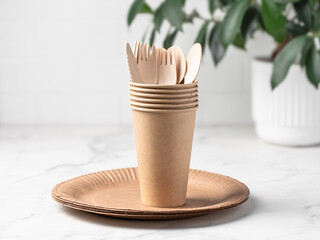 Eco friendly paper utensils. Zero waste concept. Plastic free concept. Paper dishes. Paper glass.