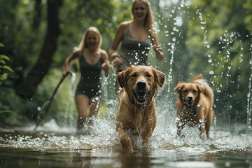 Experience the heartwarming interactions in this professional shot of a serene European park scene in summertime. Witness the pure joy and companionship as dogs chase frisbees, owners pet their furry 