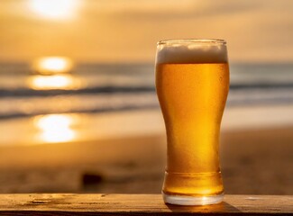 Golden fresh beer on the beach. Summer refreshing beverage concept.