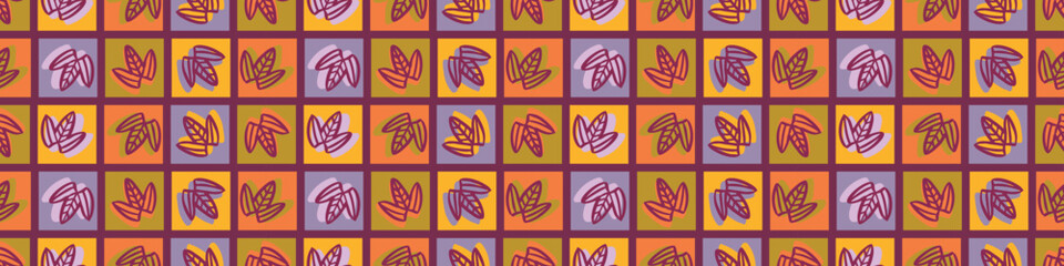 Fototapeta na wymiar Retro botanical geo vector border in elegant style. Luxury print textur for beautiful modern banner decor. Multicolor 70s abstract leaf design. 