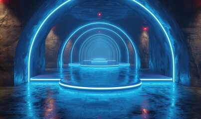 A futuristic neon-lit tunnel with an archway leading to the horizon, leading into empty rooms on both sides of it, with steps and a podium in front for product display. Created with Ai