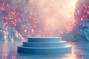White circular pedestal with glowing pink bokeh lights and mist. Product display and advertising concept with copy space for design and print