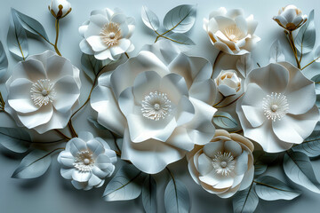 3D paper quilling of white flowers and green leaves on the wall, with a large magnolia in the center. Created with Ai