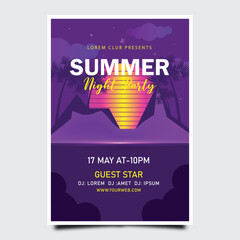 Retro 80s Summer night Party with palm trees and retro sun poster design template