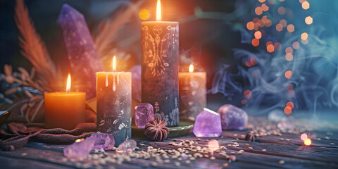 Lit candles and healing crystal stones - spiritual holistic theme with warm golden candle flames and copy space for an invitation, advert or powerpoint template
