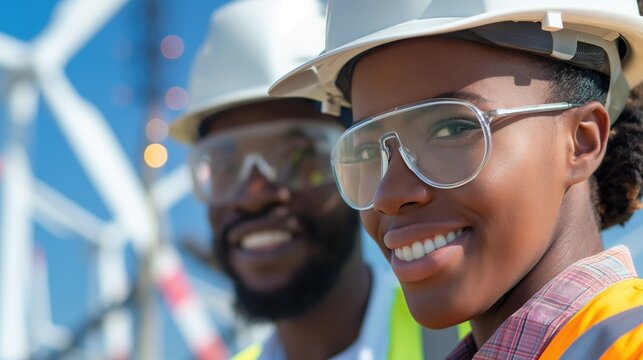 Portrait hedshot photo of two young african american people man and woman wind turbines power engineers standing next to wind turbines smiling at camera with toothy smile