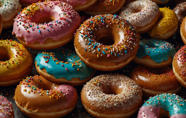 Various donuts with different flavors and colors.
