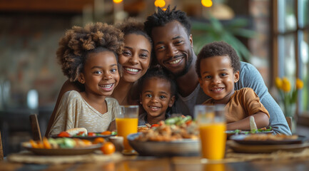 Happy family having dinner, lunch, eating, people smiling and having fun with family, restaurant, kitchen