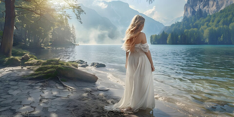 Beautiful blond viking maiden stood on the shore of an inland lake waiting for her loved one to return - back view of a woman wearing a long white dress on a warm summer day in Scandinavia

