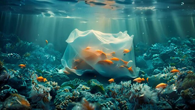 A plastic bag with a fish inside underwater in the ocean, surrounded by corals and small fishes in the style of plastic pollution concept