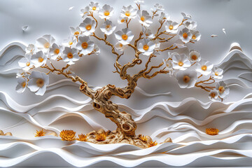 3d relief of white flowers and gold leaves with wavy background. Created with Ai