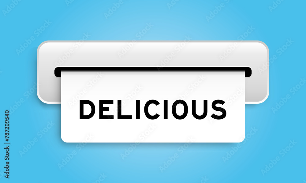 Poster White coupon banner with word delicious from machine on blue color background