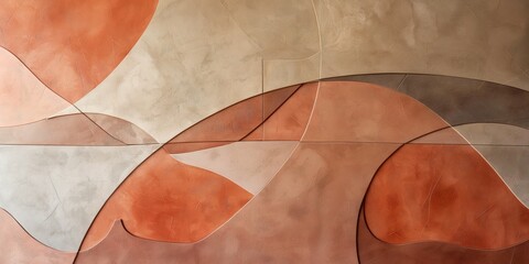 This image features a modern abstract design on a wall, showcasing a mix of earthy red, orange, and brown tones