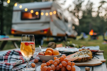 Motorhome picnic, outdoor table set with a plate of assorted fruits and a glass of wine. Selective...