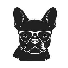 French bulldog sunglasses black and white hand drawn cartoon portrait vector illustration