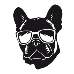 French bulldog sunglasses black and white hand drawn cartoon portrait vector illustration