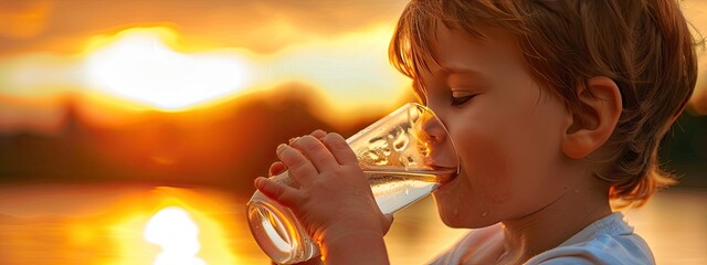 the boy drinks water on the background of the sunset