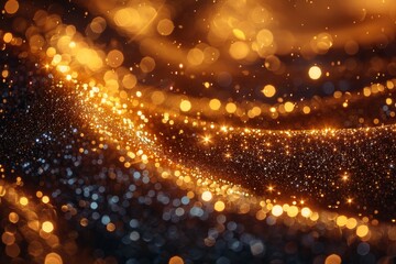 This visually captivating image features a dazzling background filled with golden and black sparkles