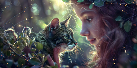 Connect with your best friend with mind to mind telepathy - young girl side profile smiling at her tabby cat almost nose to nose depicting a mutual love between human and animal
 - obrazy, fototapety, plakaty
