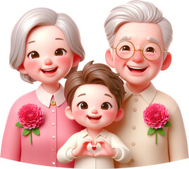 A happy grandmother, grandfather, and grandson wearing a carnation brooch on their chest _ Grandparents' Day_Family Month - obrazy, fototapety, plakaty