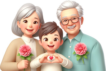 A happy grandmother, grandfather, and grandson wearing a carnation brooch on their chest _ Grandparents' Day_Family Month