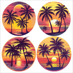 Obraz premium Palm trees and sunset, Tropical landscape, Tropical beach landscape with sea, Summer vacation concept circle icon, Tropical paradise island logo, Summer ads, Logo, Posters, Label, T-shirt