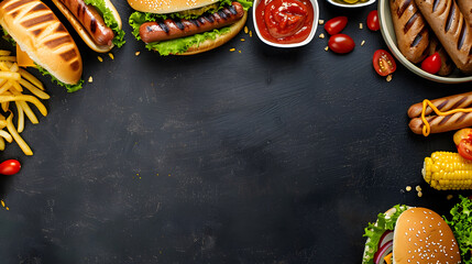 Summer BBQ food corner border with hot dog and hamburger buffet Top down view over a dark slate banner background Copy space : Generative AI - Powered by Adobe