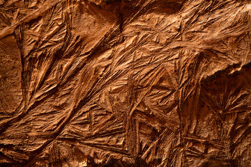 Frozen clay with large feather-like and finely branched ice crystal structures on the floor of a hiking trail in Bryce Canyon National Park, Utah (USA). Thawing frozen earth on a sunny winter morning.