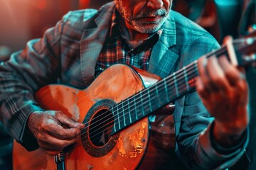 Obraz premium Elderly gentleman in formal attire performing live traditional music on acoustic guitar