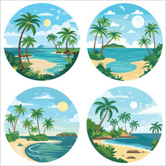 Fototapeta na wymiar Tropical landscape with palm trees silhouettes, Paradise island, Tropical landscape, Summer vacation concept circle icon, Tropical paradise island logo, Summer ads, Logo, Posters, Label, T-shirt