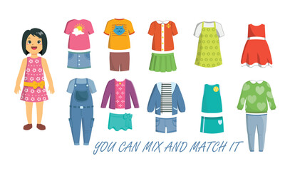 Set of kid's or girl casual clothes. editable vector, you can mix and match it