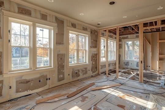 A room in the demolition phase of renovation showing exposed framing and scattered building materials