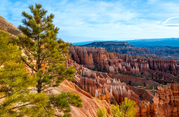 Bryce Canyon National Park in winter. Colorful iconic sandstone rock formations with typical “Hoodoos“ in impressive colorful amphitheatre. Panoramic wide angle view on a sunny morning in Utah (USA).
