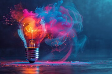 An eye-catching image of a light bulb with dynamic red and blue powder simulating an energetic burst - obrazy, fototapety, plakaty